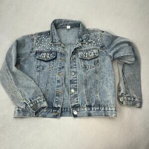 Faux Pearl & Rhinestone Embellished Denim Jacket Acid Wash Trucker Fits M